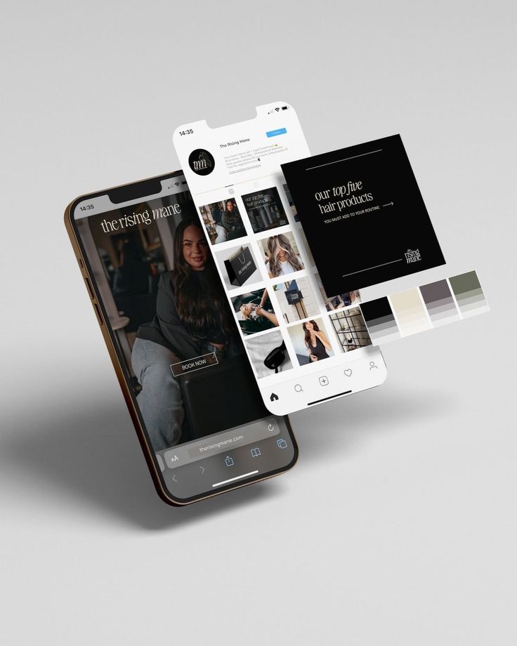 Mockup de la marca The Rising Mane en un celular con su grilla de Instagram, una pieza de top five hair products y paleta de color