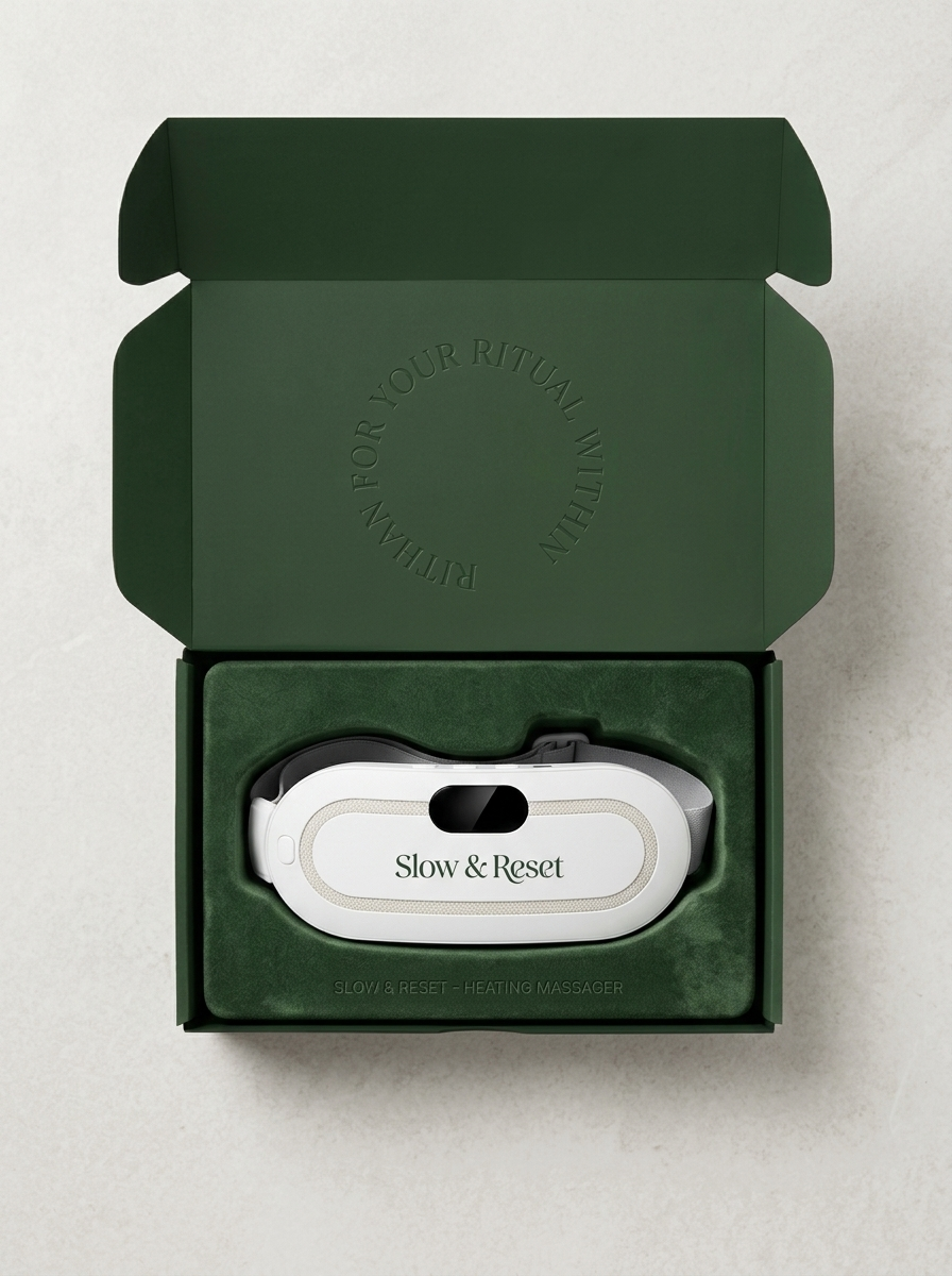 Estuche verde abierto de packaging con un masajeador ocular blanco en su interior
